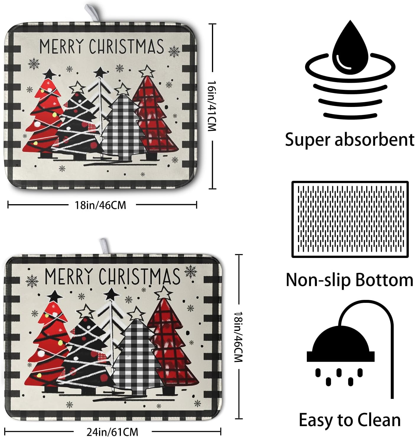 Merry Christmas Dish Drying Mats for Kitchen Counter 16x18 Buffalo Plaid Christmas Tree Microfiber Absorbent Drying Mat Seasonal Winter Holiday Drying Pad Dish Drainer Mat for Coffee Bar Sinks
