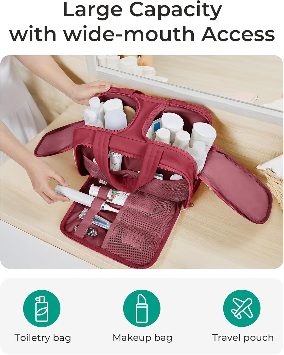 BAGSMART Travel Toiletry Bag, Puffy Toiletry Bag for Women, Wide-open toiletry bags for traveling, Large Travel Cosmetic Makeup Bag Organizer for Accessories,Toiletrie (Vintage Berry)