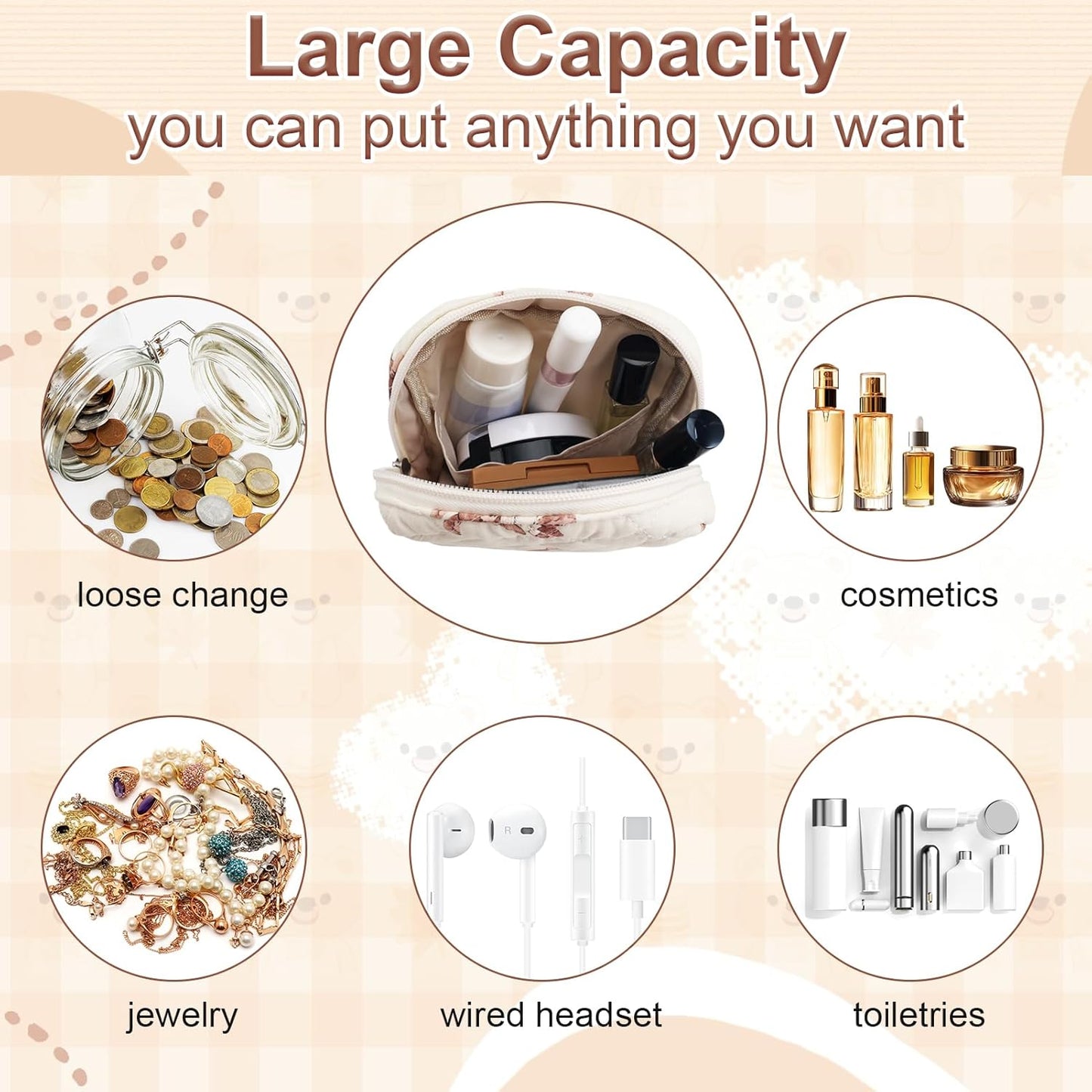 Small Quilted Cotton Makeup Bag for Purse Mini Cosmetic Period Bag for Women Cute Small Bear Makeup Sanitary Pouch Portable Travel Toiletry Bags with Zipper Slip in Pockets Birthday Gifts