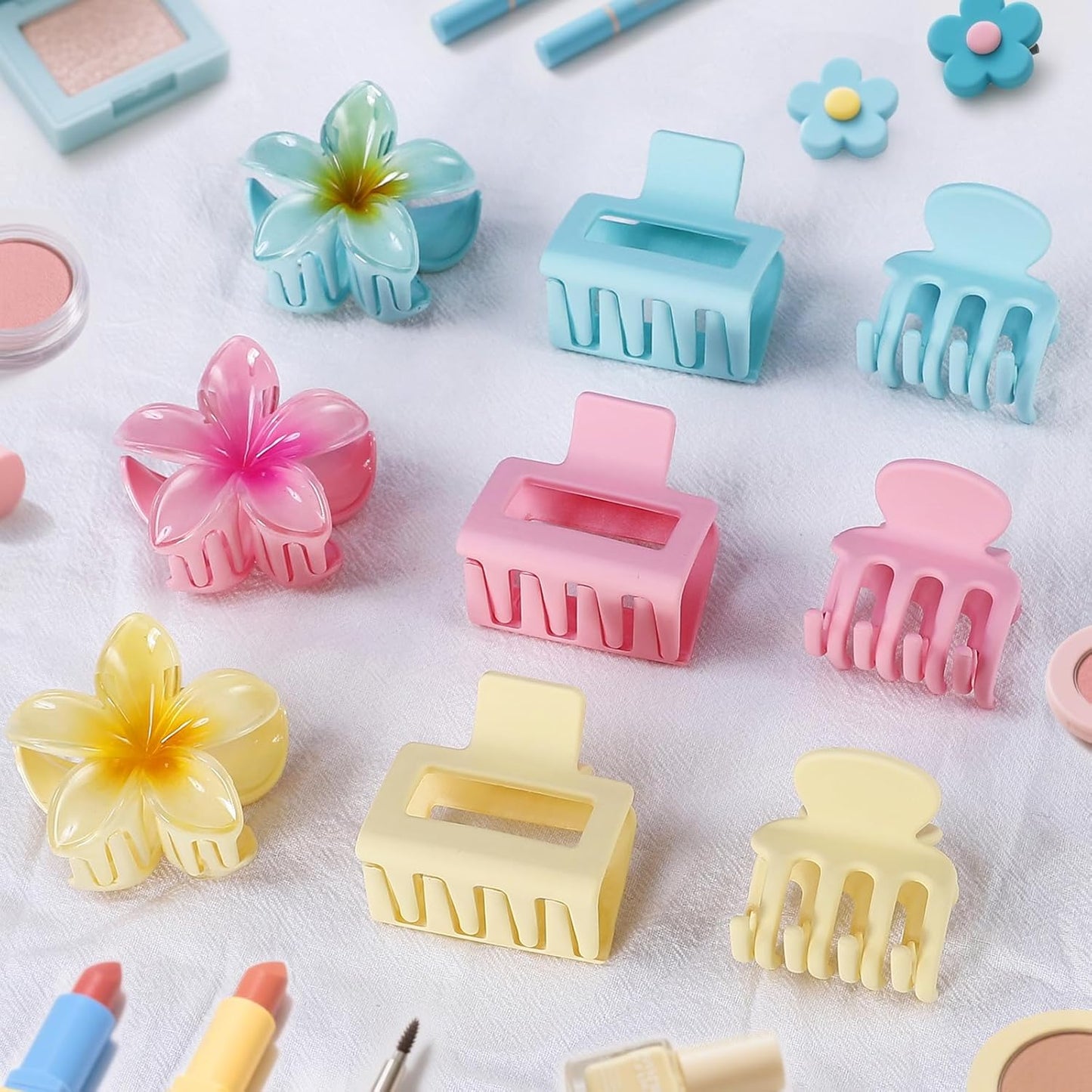 3 Styles Medium Hair Clips for Women 9 Pcs Small Claw Clips for Thin Hair Flower Hair Clips for Thick Hair Square Hair Claw Clips for Girls Hawaiian Plumeria Hair Accessories for Women (Pink)