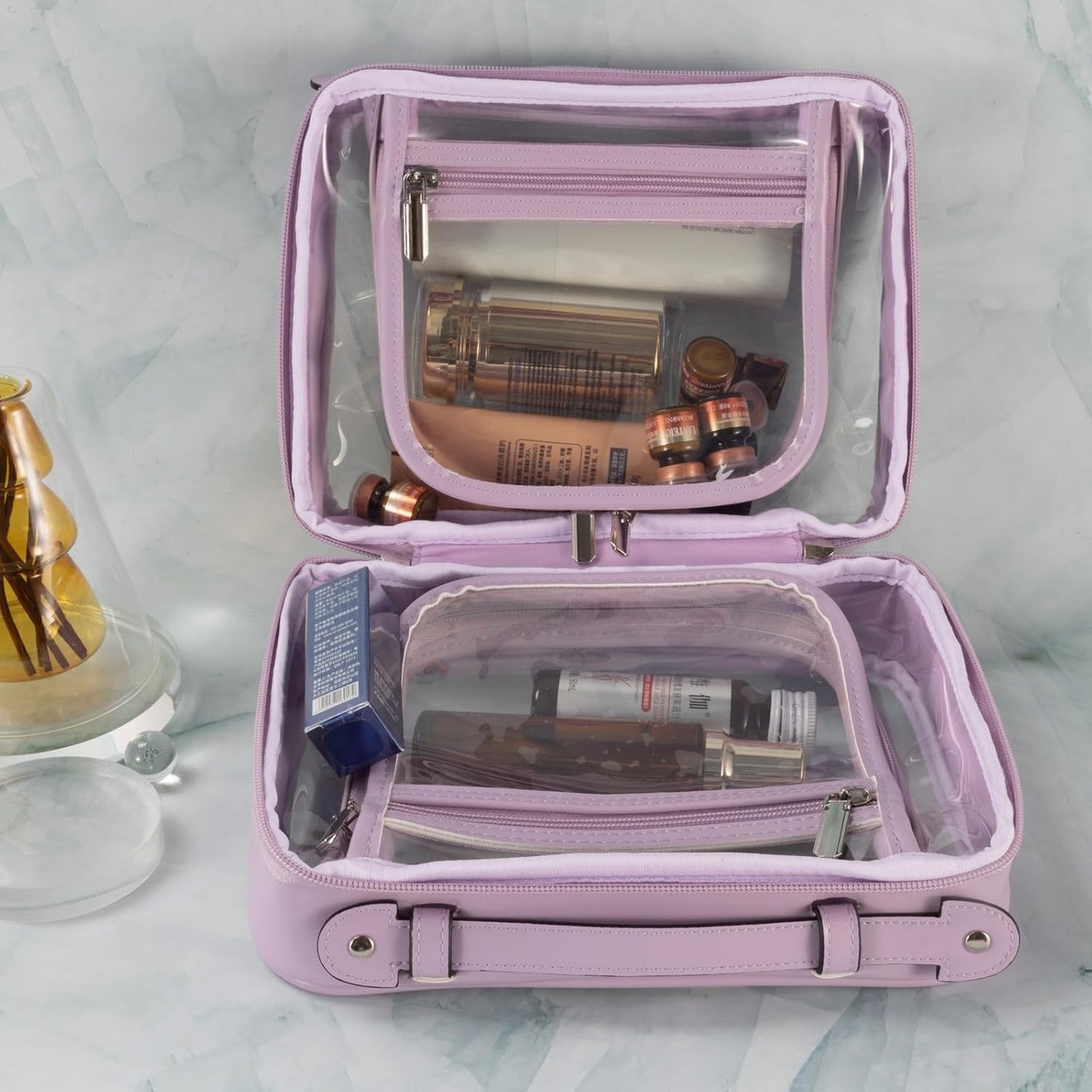 SANHECUN traveling toiletry bag large clear cosmetics case makeup bag Dimensions | LxWxH:10” x 4.5” x 7.5” (Purple, Medium)