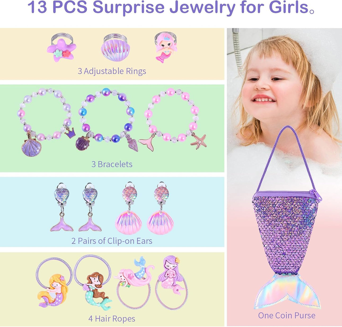 Mermaid Bath Bombs for Girls with Surprise Inside, 12pcs Shell Girls Bath Bombs with Mermaid Jewelry Toys for Kids, Kids Bubble Bath Bomb 3 4 Year Old Girl Easter Birthday Gift Mermaid Party Favors