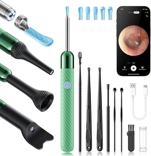 Ear Wax Removal Tool Camera Otoscope with Light, Ear Wax Removal Kit with 6 Ear Pick, Ear Camera- Green