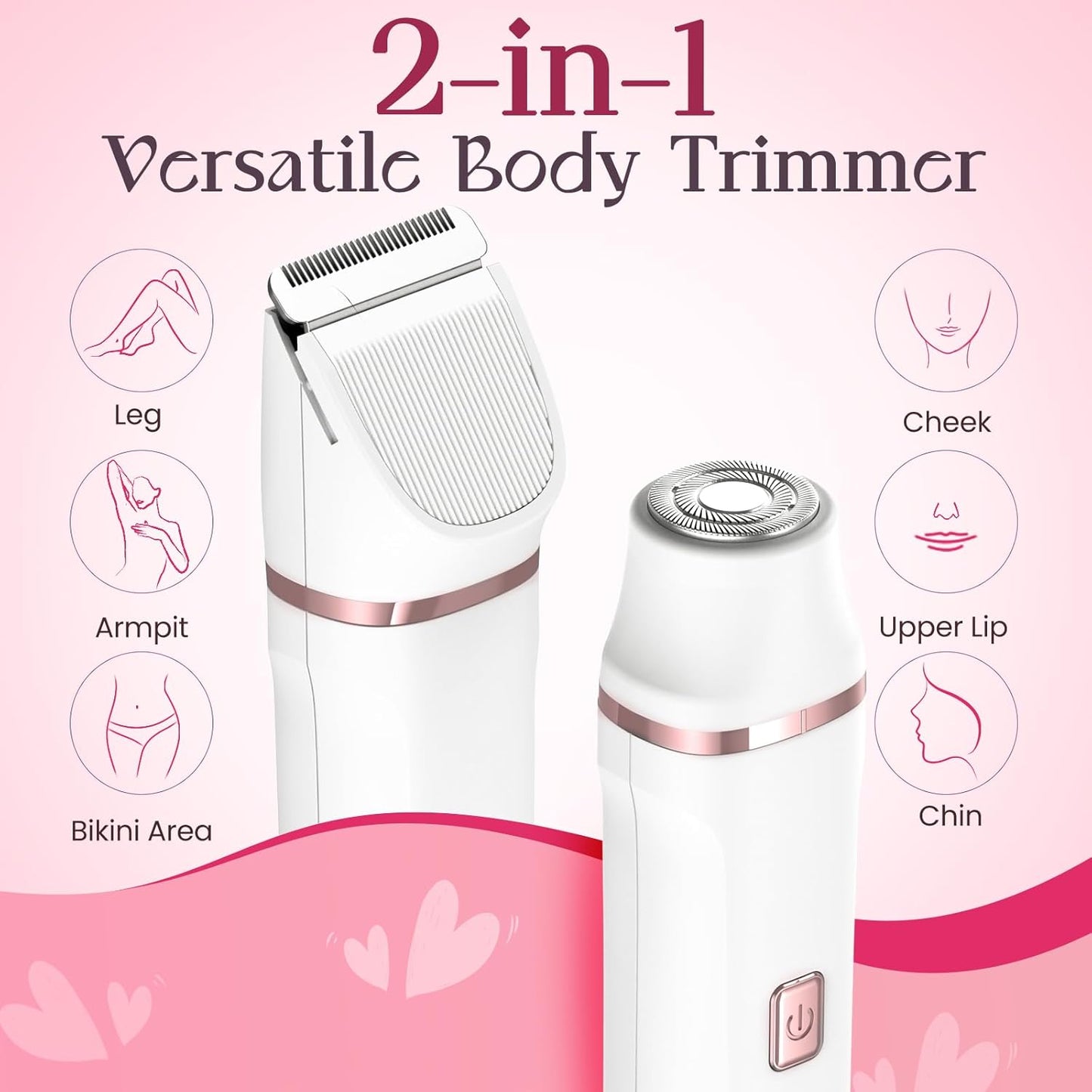 Pubic Hair Trimmer Women - 2-in-1 Electric Bikini Shaver & Facial Hair Remover, Waterproof Body Groomer with Ceramic Blades, USB-C Fast Charging Dock, Cordless Razor for Women's Sensitive Skin (White)