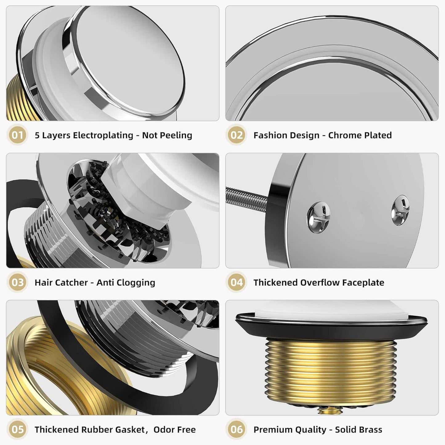 Chrome Plated Tub Drain Kit with Hair Catcher, Premium Brass Tip-Toe Bathroom Tub Drain Replacement and 2-Hole Overflow Faceplate, 11.5/16 UNC Bathtub Drain Stopper Assembly