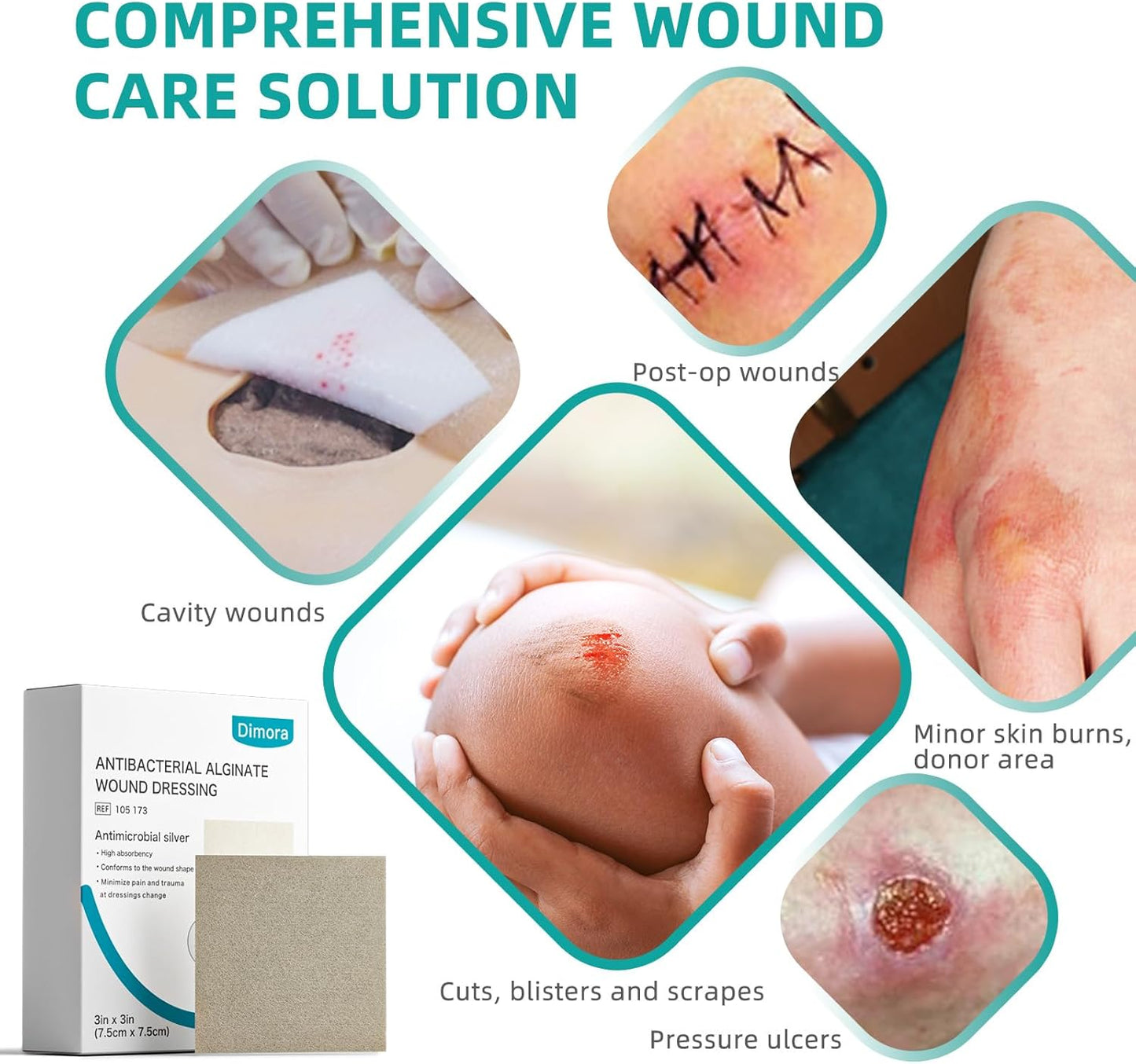 Dimora Upgrade Silver Calcium Alginate Wound Dressing -Antibacterial Non Stick Gauze for Wounds Care, Highly Absorbent Sterile Bandage Pads with Ag, 3'' x 3'' Patches 12 Packs Individual