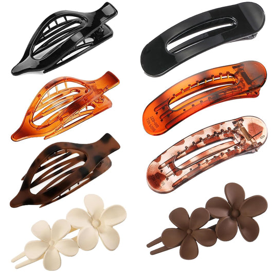 8 PCS Flat Hair Clips, 3 Styles Large Flat Claw Clips for Women, French Strong Hold Non-slip Duckbill Hair Claws for Thin Thick Hair (Tortoise)