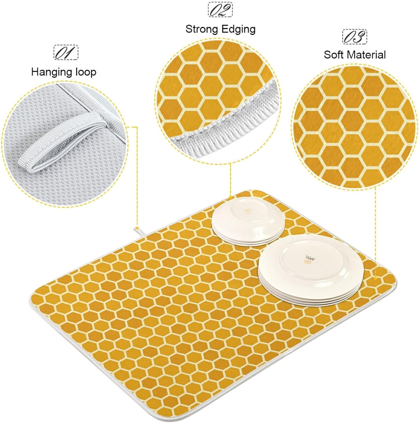 Yellow Honeycomb Dish Drying Mat - 18x24 Inch Large Microfiber Drying Pad for Bottles & Sink