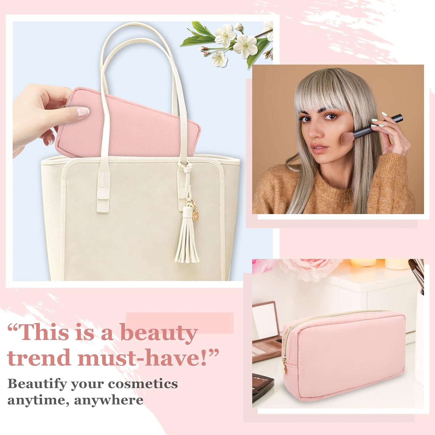 Nylon Small Makeup Bag for Purse, Cute Preppy Pink Makeup Bag Cosmetic Zipper Pouch Purse, Waterproof Portable Travel Toiletry Bag Clutch Makeup Brush Bag Organizer Storage for Women Men Girls(Pink)