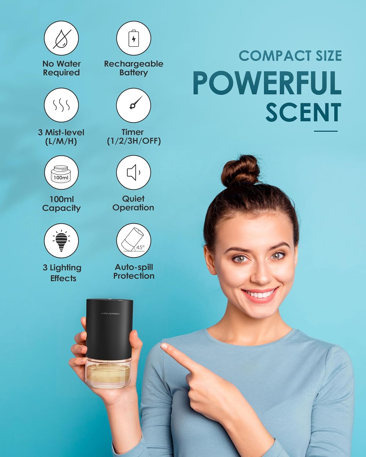 Airversa Essential Oil Diffuser Waterless Aromatherapy Diffusers for Home Large Room, Bedroom, Car, Office, Desk, Battery Operated, Small Diffuser for Pure Scent, 100mL Capacity, AN9 (Space Grey)