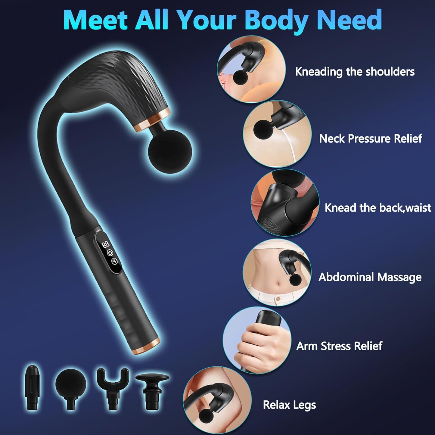 Massage Gun with Upgraded Extension Handle, Back Massager for Pain Relief Deep Tissue, Muscles/Neck/Shoulders/Waist/Legs Massager with 4 Massage Heads & 6 Speed Levels & 3 Massage Modes
