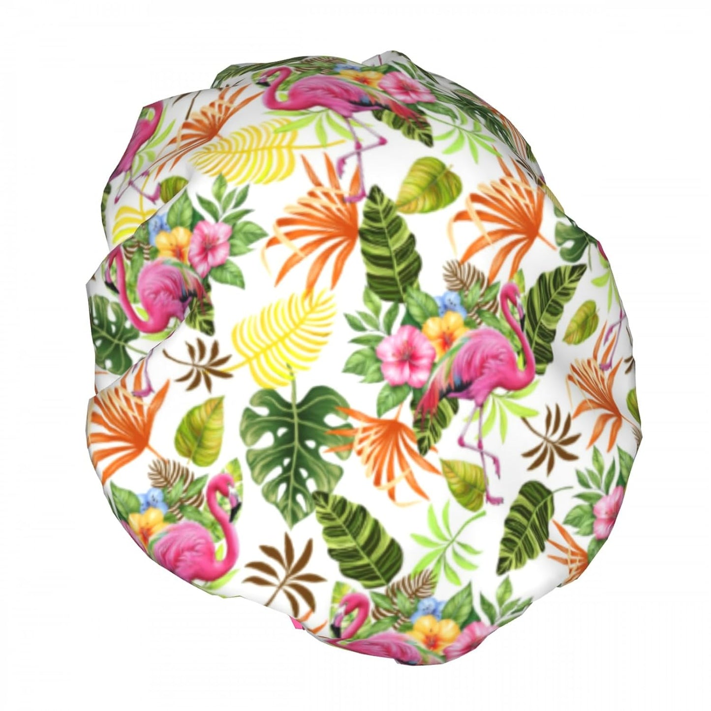 Cute Flamingo Leaves Flowers Double Layer Waterproof Shower Cap for Women Reusable Bath Cap for All Long Hair Lengths Soft Bath Shower Hat