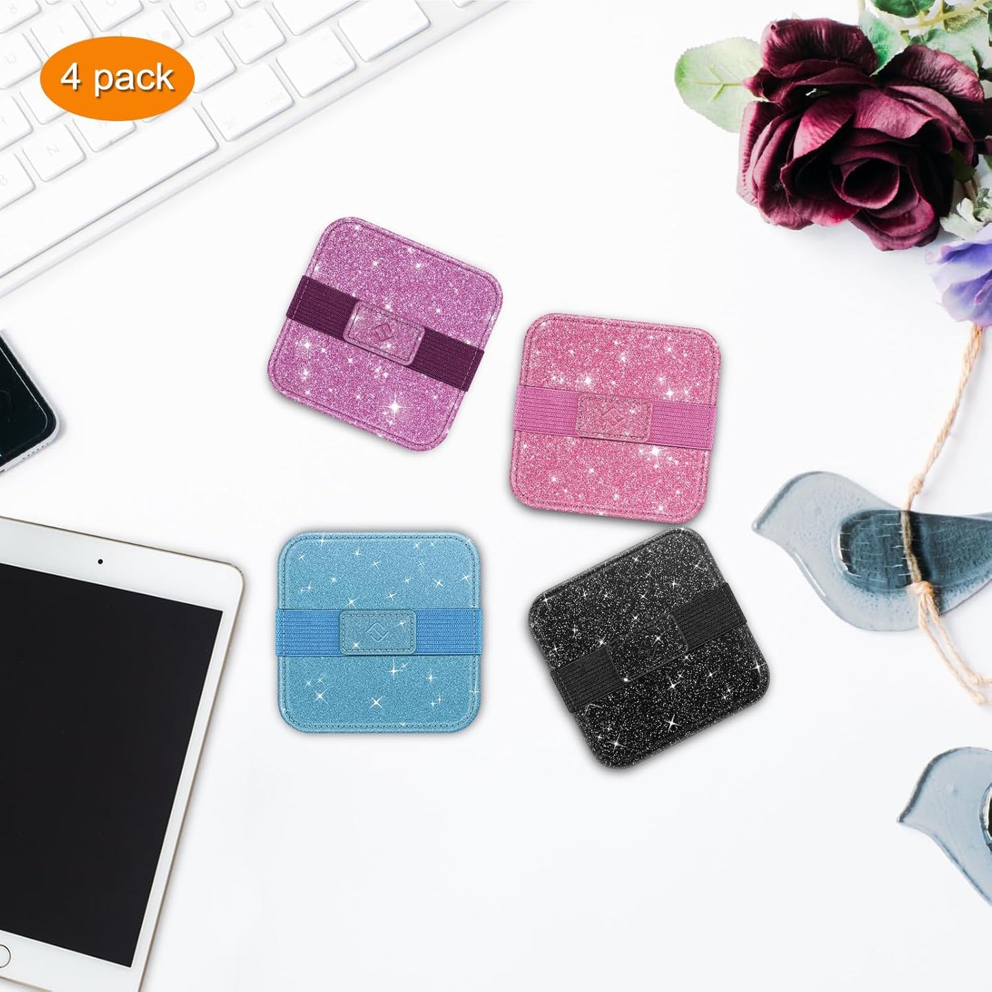 Fintie Screen Cleaning Pad, [4 Pack] Soft Cloth Wipes Screen Cleaner with Elastic Strap for iPad, iPhone, MacBook, Tablets, Laptop (Glitter Pink/Black)