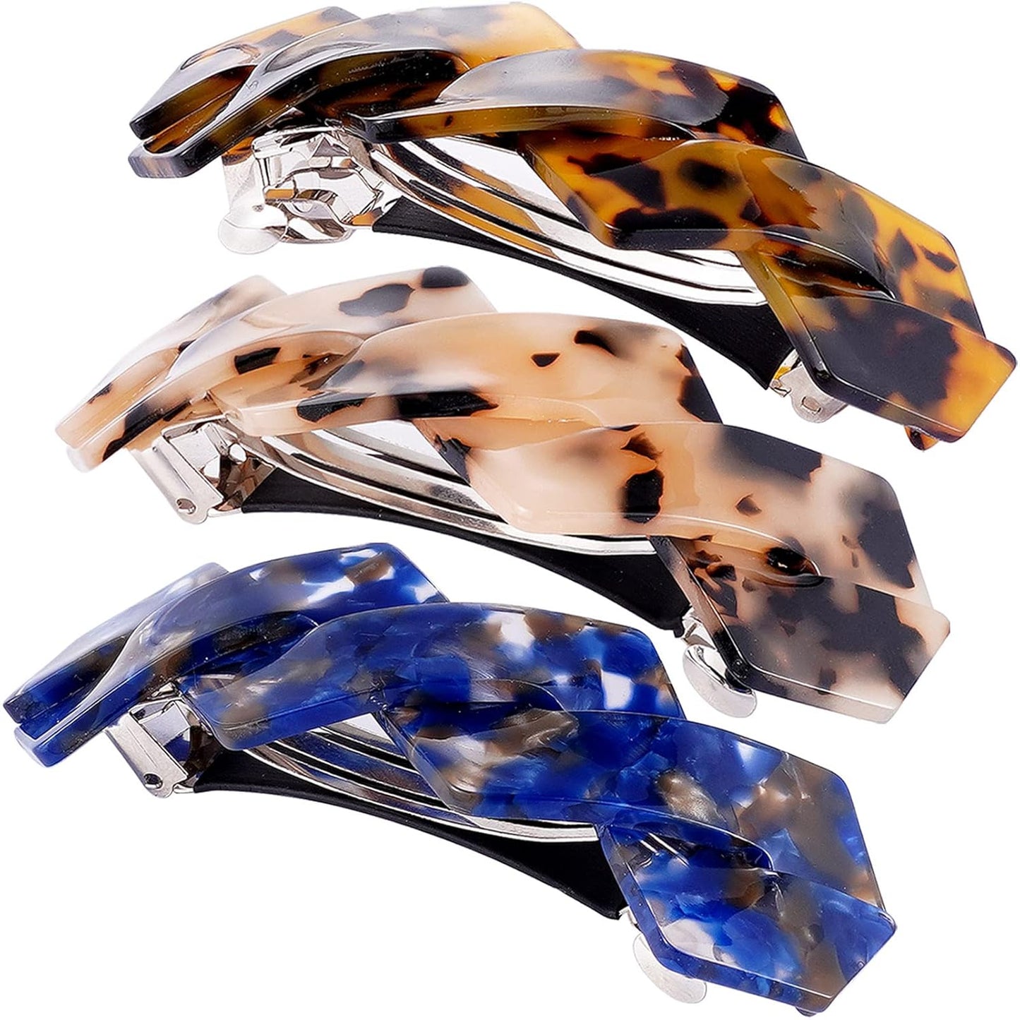 Hair Barrettes Large French Clips Wide Hair Clasp for Women Thick Fine Hair Accessories - Blue Tortoiseshell - 3Pcs (Navy Blue, Brown)