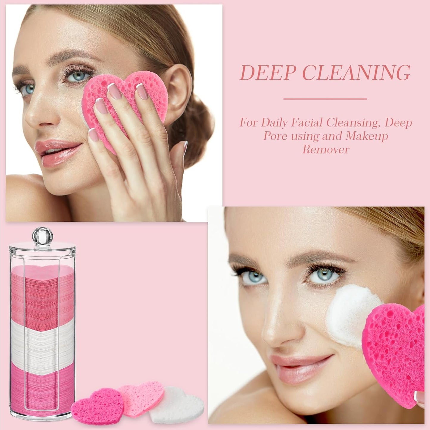 Sieral 120 Pcs Compressed Facial Sponges with Container Disposable Face Sponge Pads for Washing Face Cleansing Exfoliating Esthetician Makeup Removal(Heart,Pink, Rose Red, White)