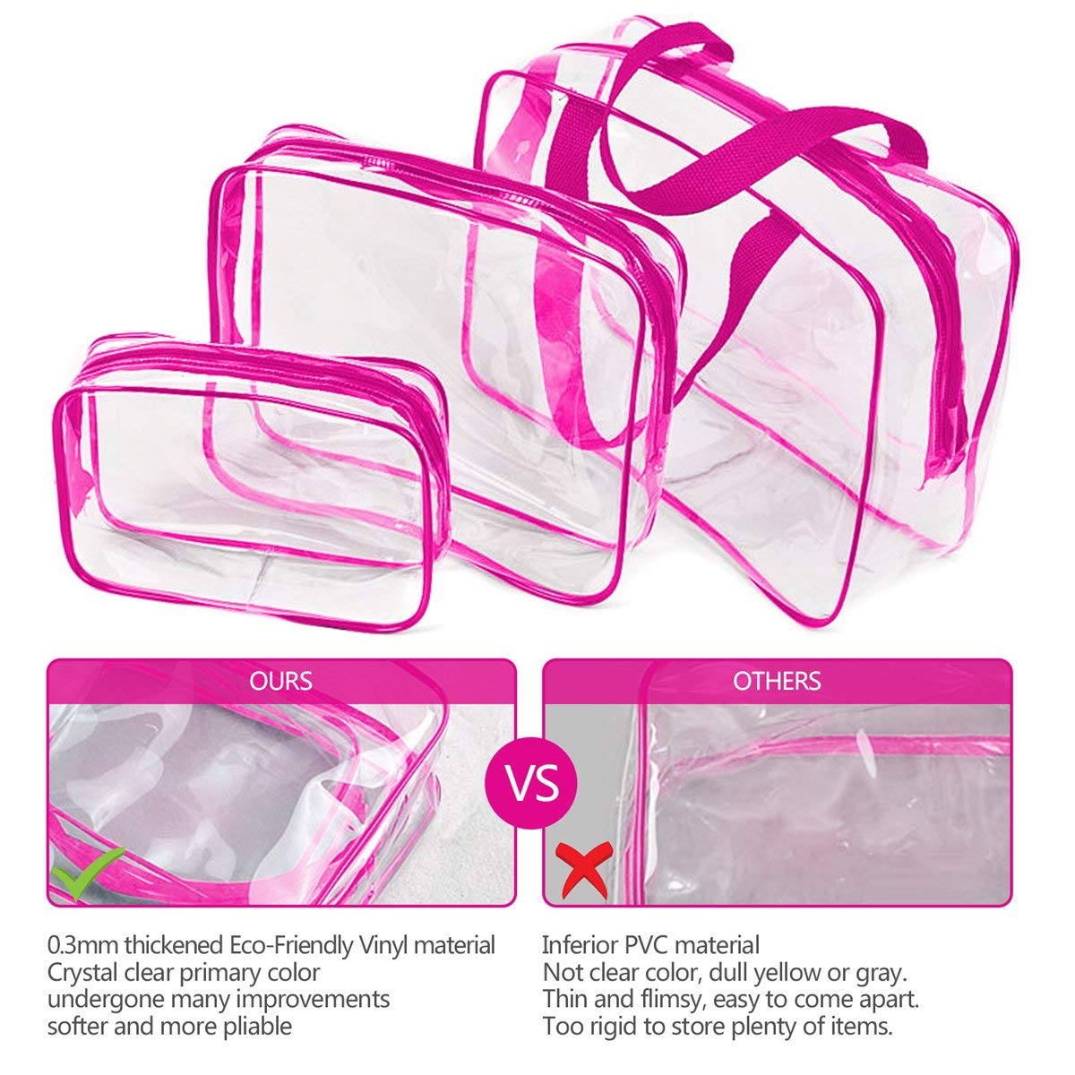 6Pcs Crystal Clear PVC Travel Toiletry Bag Kit for Women Men, Waterproof Vinyl Packing Organizer Storage Bags with Zipper Handle Straps, Cosmetic Pouch Carry on Airport Airline Compliant Bag Handbag