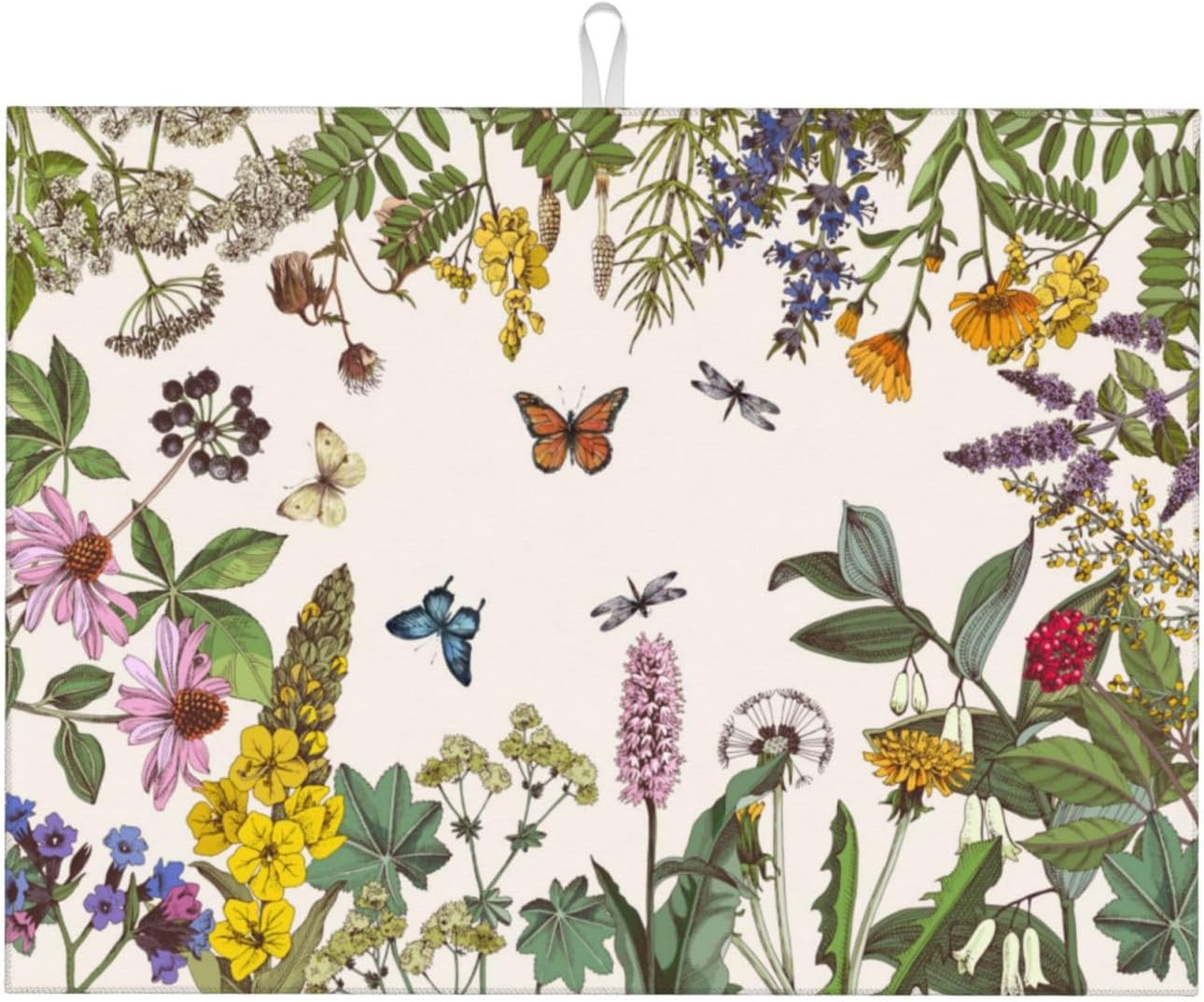 Wild Flower Herbs Dish Drying Mat For Kitchen Counter Absorbent Large Kitchen Fast Dry Pad Reusable Washable Protector Rack Large Mat 18 X 24