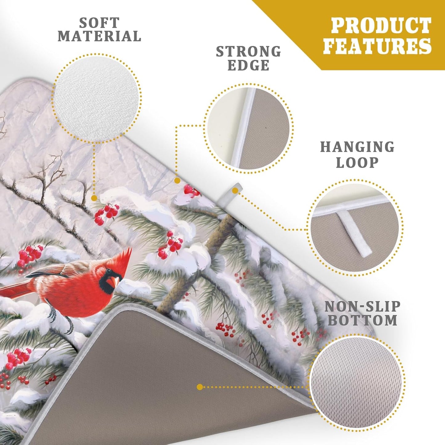 Red Birds Dish Drying Mat Winter Berry Dish Drainer Mats Absorbent Reversible Microfiber Kitchen Countertop Protector Dishes Pad 18x24 inch