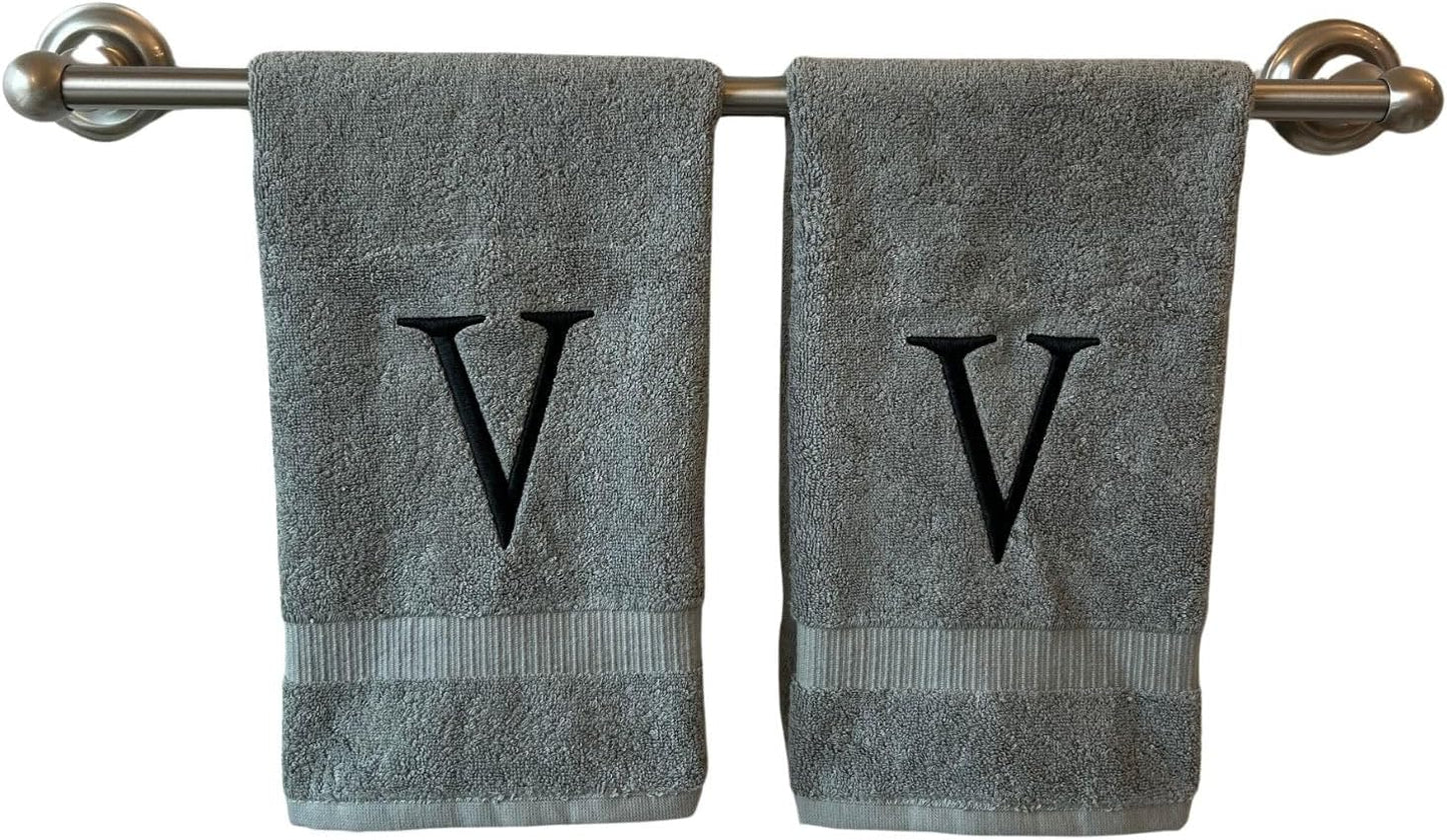 Gray Initial Hand Towel for Bathroom - Monogrammed Luxury Hotel Quality Decorative Embroidered Towel for Powder Room, Spa - GOTS Organic Certified - Set of 2 Black Letter V