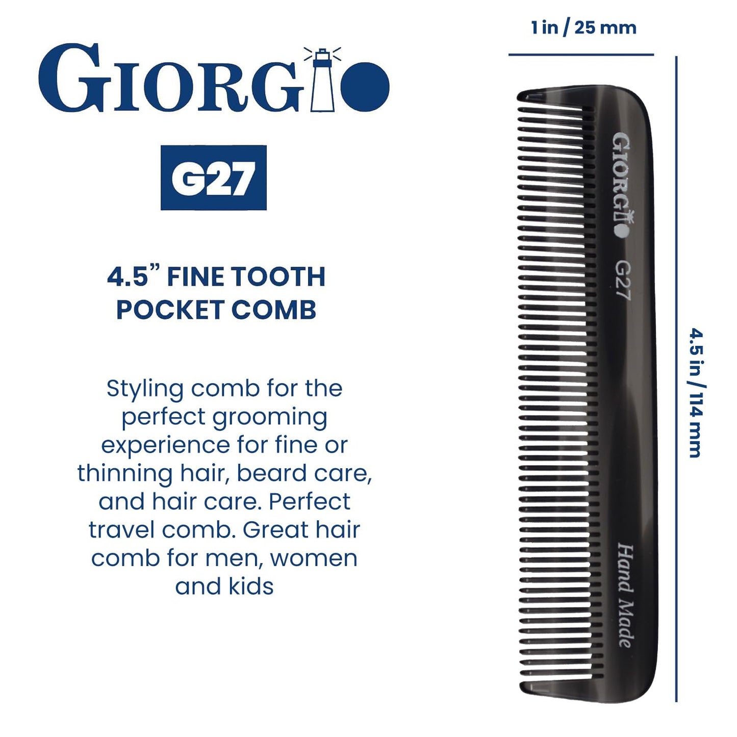 Giorgio G27 Handmade All Fine Tooth Pocket Comb, Hair Comb Straightener for Everyday Grooming Styling Hair, Mustache and Beard for Men Women and Kids, Saw Cut and Polished (Tortoiseshell)