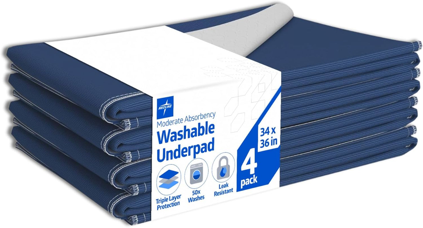 Medline Sofnit 300, Pack of 4 Large Washable Blue Underpads, 34”x 36” for Use as Reusable Pet Pads, Reusable Bed Pads, Great for Dogs, Cats and Bunnies
