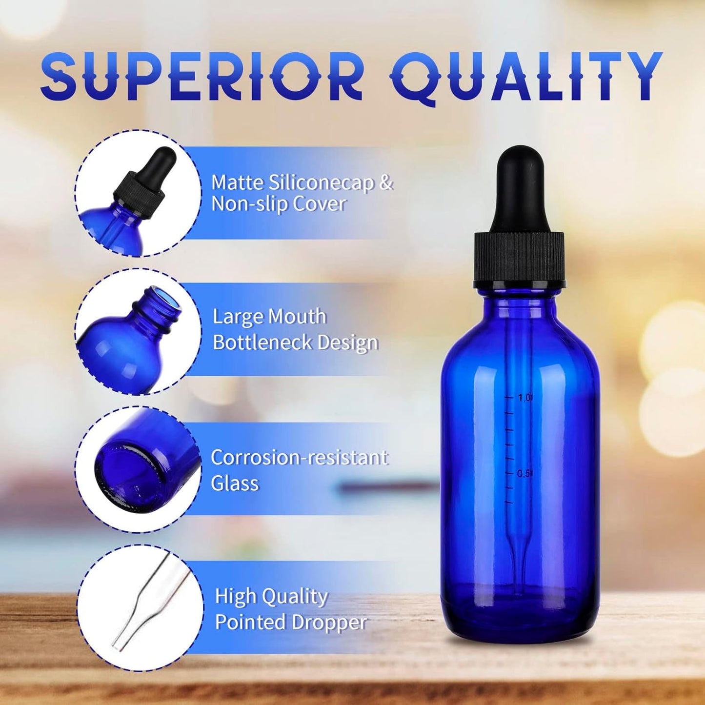 12 Pack Blue Glass Dropper Bottle, 2 oz, with Eye Measuring Dropper and Gold Cap, Leak Proof Travel Bottle for Essential Oils/Chemistry Lab Chemicals/Cologne and Perfume