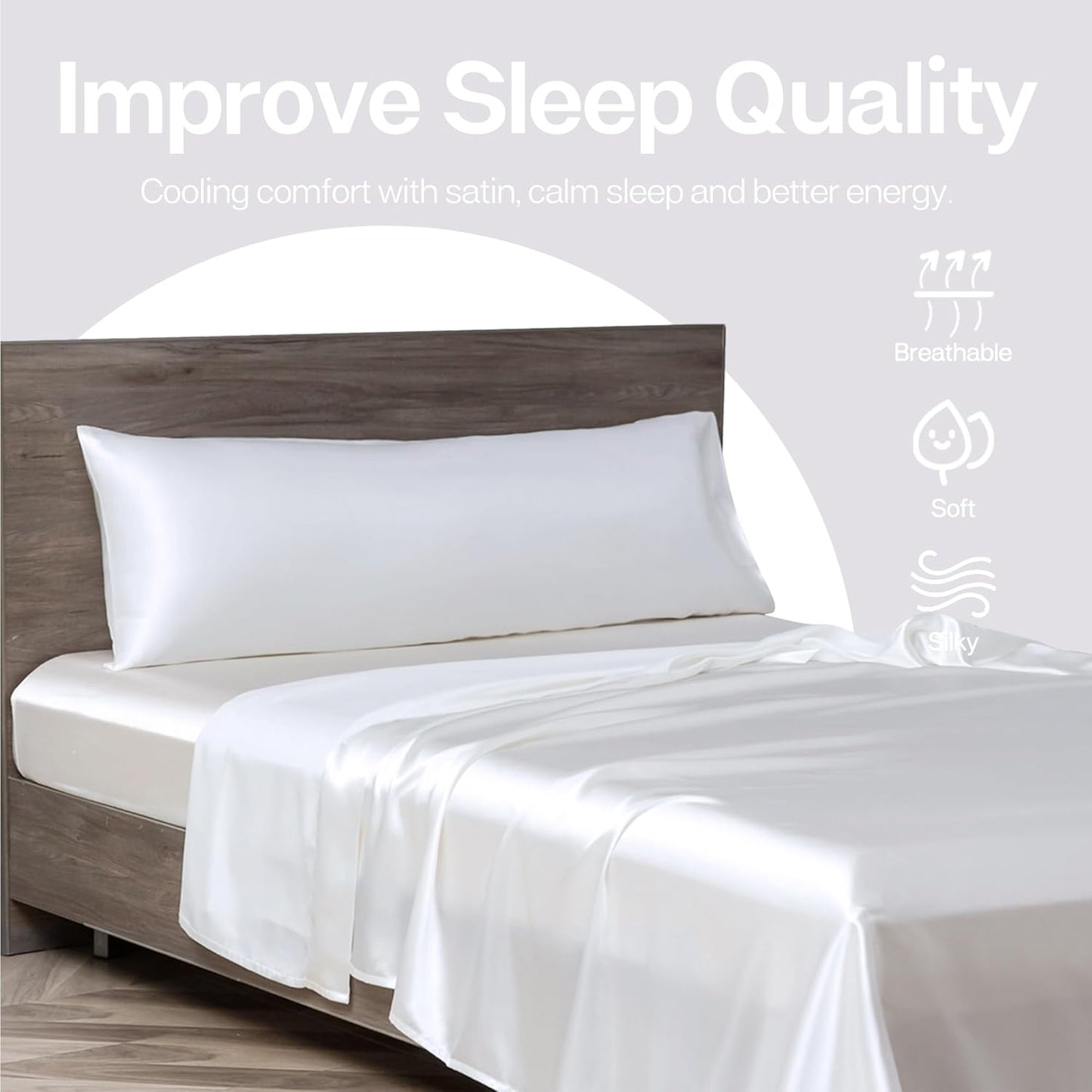 MR&HM Satin Body Pillow Cover, Soft and Breathable Body Pillow Case with Envelope Closure, Cooling and Silky Long Pillowcase for Hair and Skin,Grey (20x54, White)