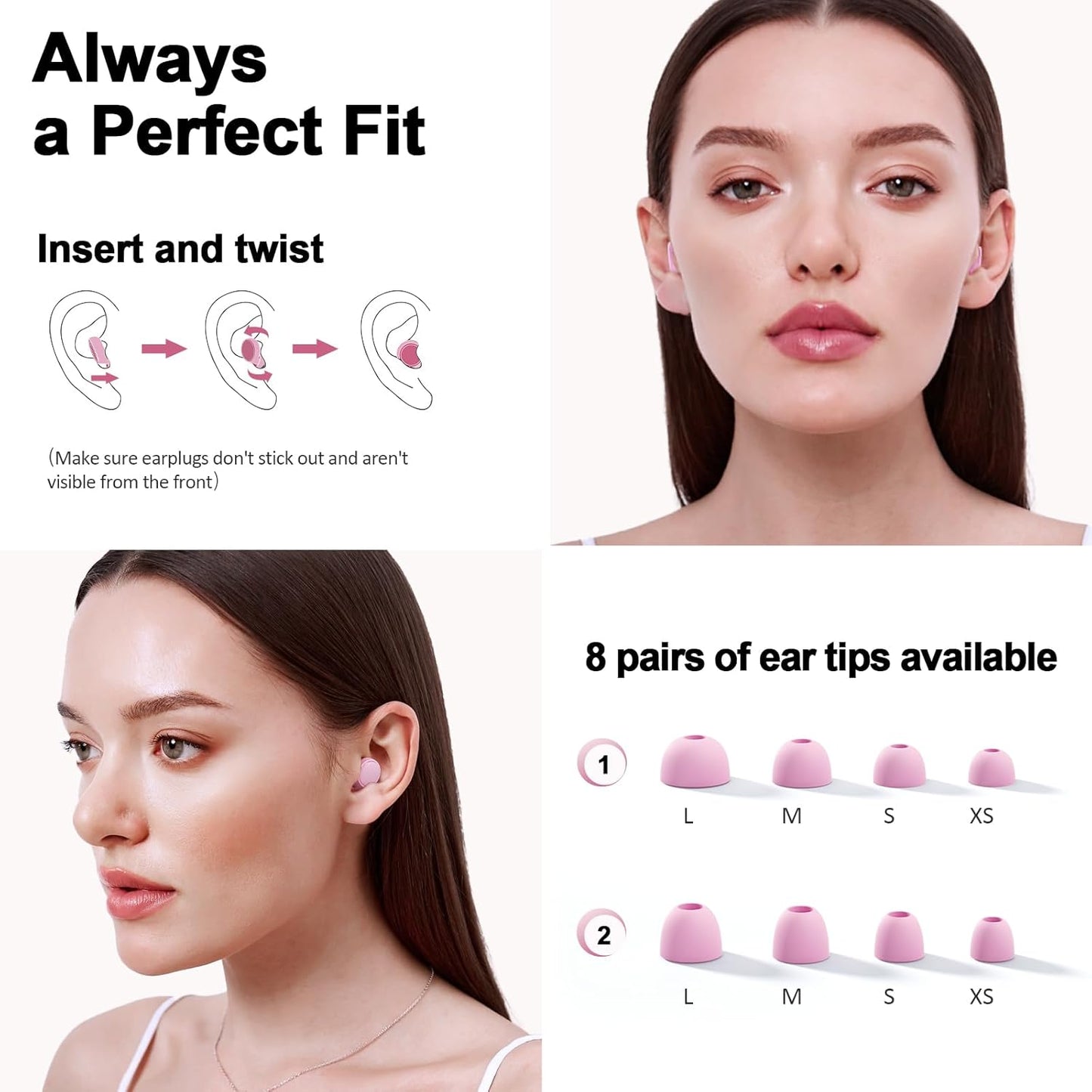 Ear Plugs for Sleeping 45dB Noise Cancelling Ear Plugs for Concerts, Focus, Travel, Work Silicone Hearing Protection Earplugs with 8 Tips (XS-L) Reusable Noise Reduction Ear Plug for Snoring Pink