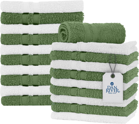 DAN RIVER 100% Cotton Washcloths 20 Pack Premium Quality Face and Body Cloth, Quick Dry Essential Towels for Bathroom, Hand, Kitchen & Cleaning, Baby Rugs | 11X11 in | 400 GSM | Sage Green+White