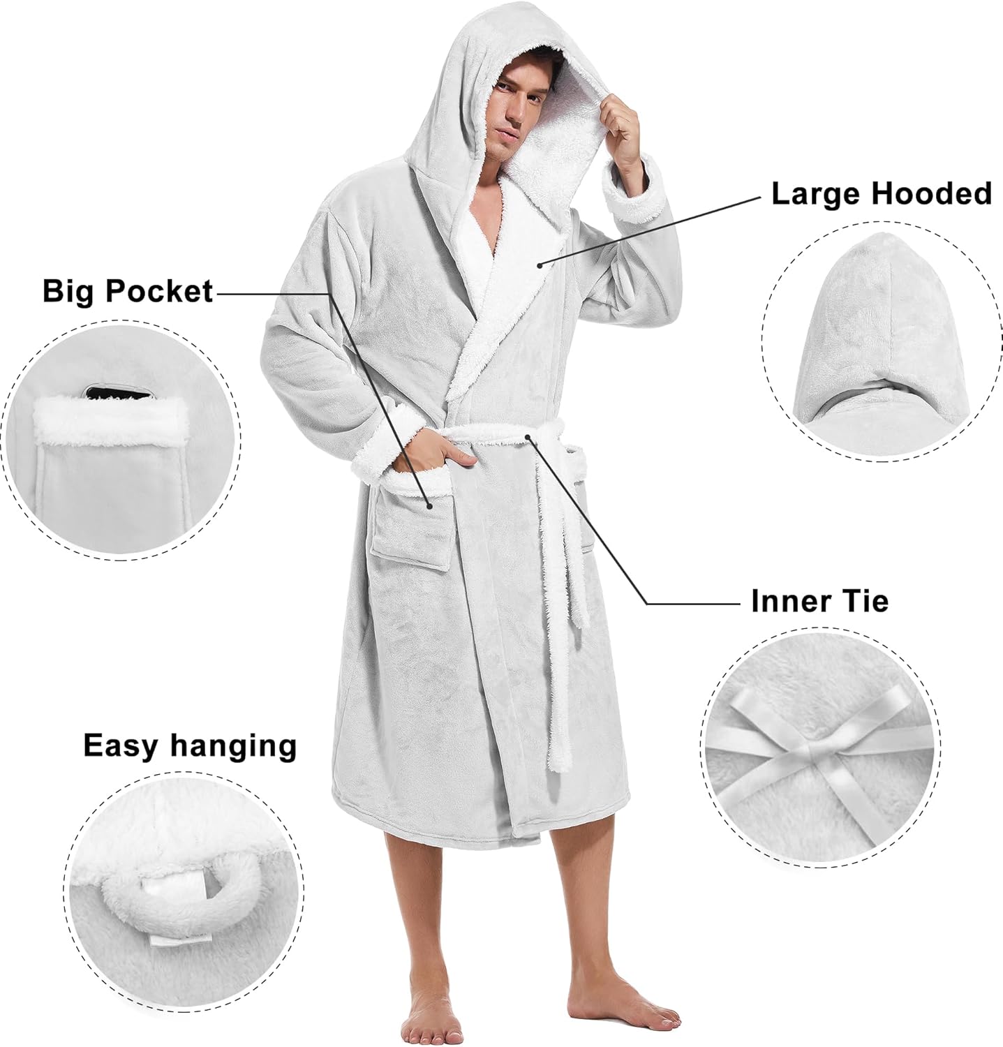 Inner Wish Mens Hooded Robe, Plush Long Bath robes Cozy Warm Bathrobe Fuzzy male Spa Robe With Pockets