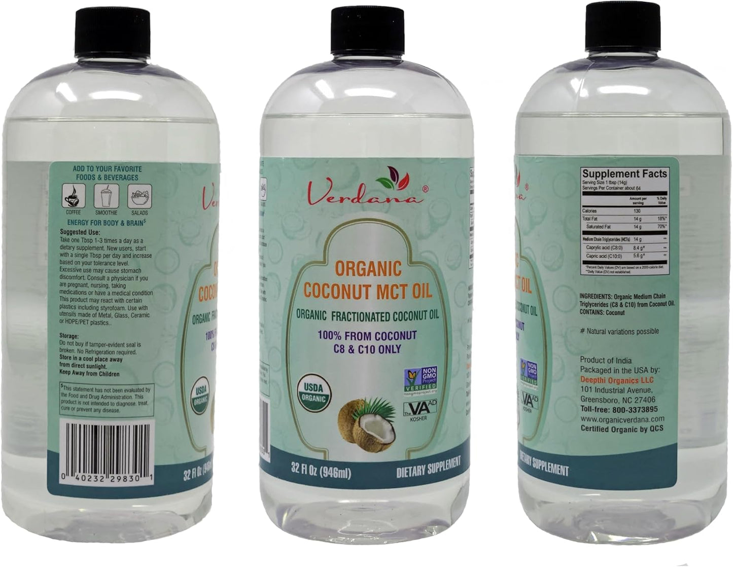 Verdana Organic MCT Oil – 32 Fl Oz Dietary Supplement – 100% Coconut Derived, Fractionated, Food Grade – For Oil Pulling, Keto Coffee, Oral Rinse, Massage & Aromatherapy – Vegan, Non-GMO, Kosher