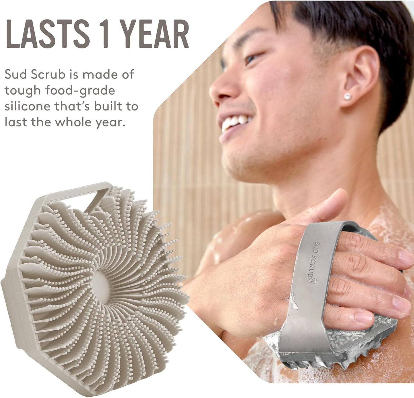 Sud Scrub® Antimicrobial Silicone Body Scrubber, Exfoliating Body Scrubber for Sensitive Skin, Eco Friendly Shower Scrubber for Body, Silicone Body Brush for Showering, Clay