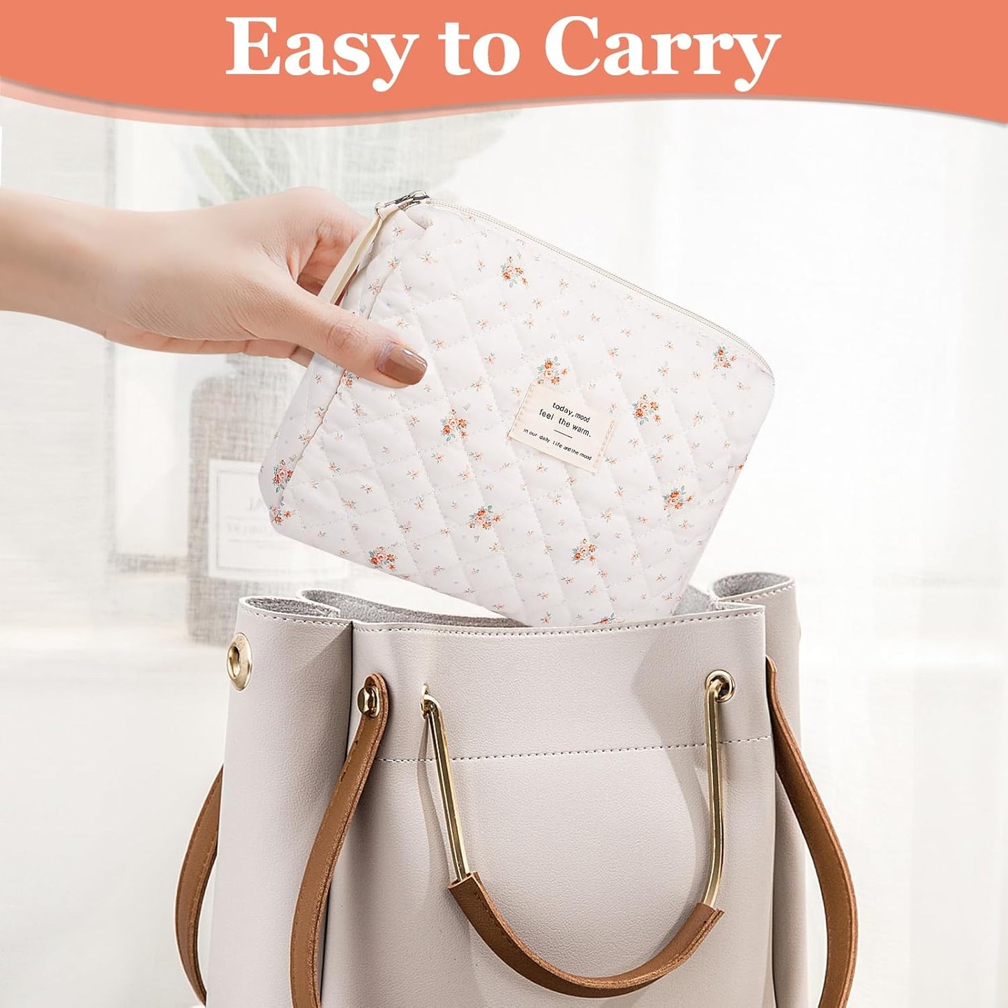 Floral Makeup Bag, Small Cosmetic Bag for Women Girls, Cute Cotton Makeup Bag, Quilted Makeup Bags, Flower Travel Toiletry Organizer Bag(Rose Pattern)