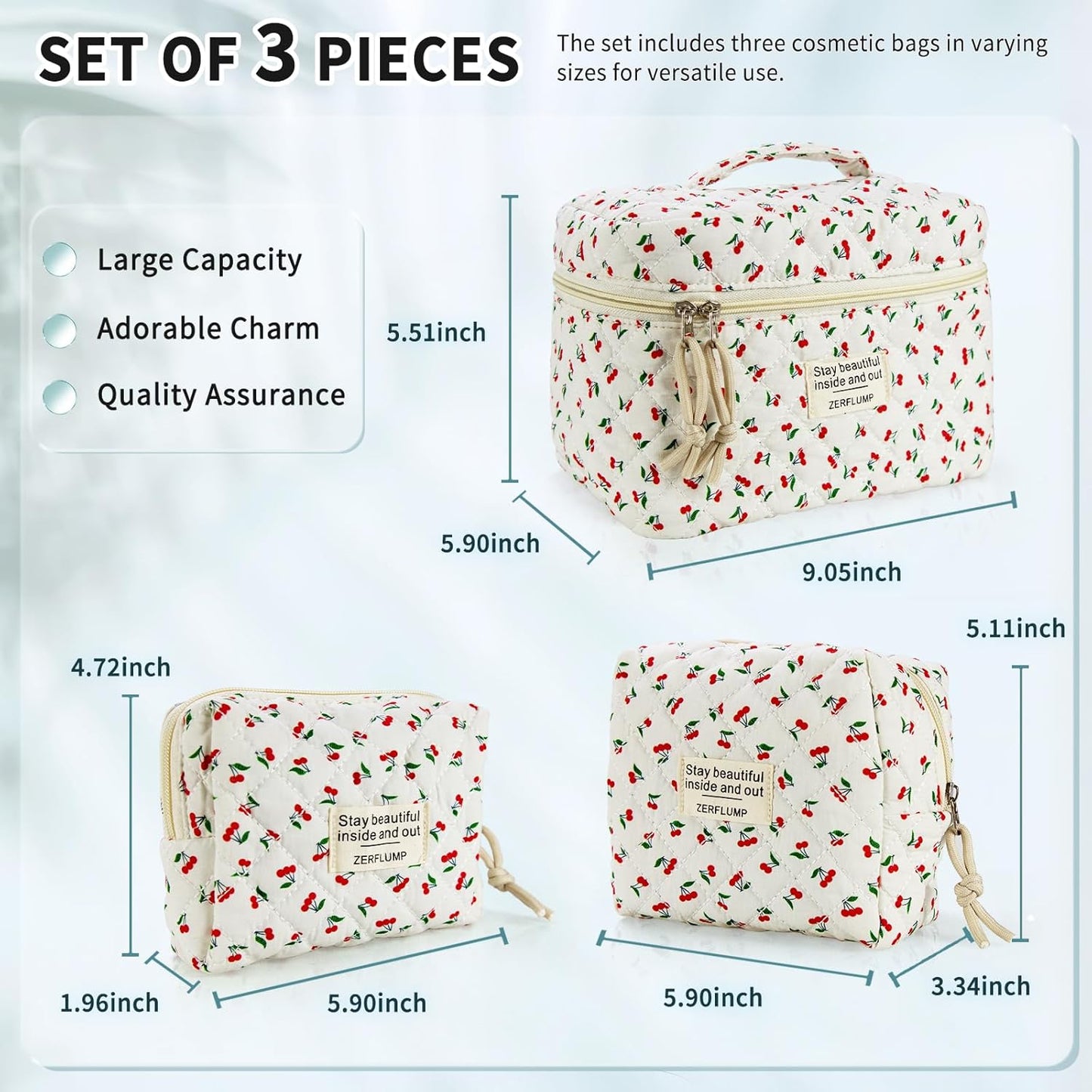 Cute Quilted Floral Makeup Bag(3Pcs)，Coquette Aesthetic Cosmetic Bag，Travel Toiletry Bags， Kawaii Aesthetic pouch for Women (5 - Cherry)