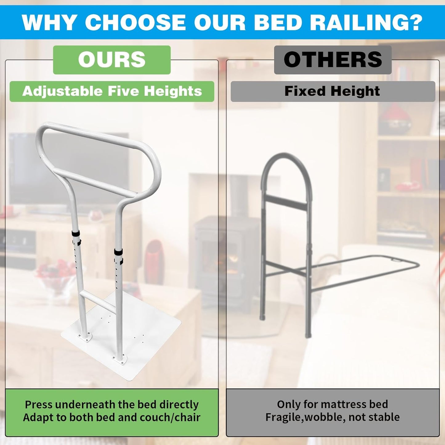 Bed Rails for Elderly Adults Safety, Adjustable Bed Cane for Elderly, Heavy Duty Stand Assist Railing for Seniors, for Couch, Chair, Full, Twin Bed (260LBS Loading, 5 Heights, White)