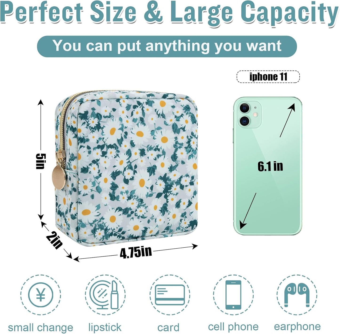 Nylon Mini Floral Makeup Bag for Purse, Small Cute Travel Makeup Bag Preppy Flower Cosmetic Zipper Pouch, Waterproof Coin Pouch Sanitary Napkin Storage Bag Make Up Organizer Set for Women(Green-Daisy)