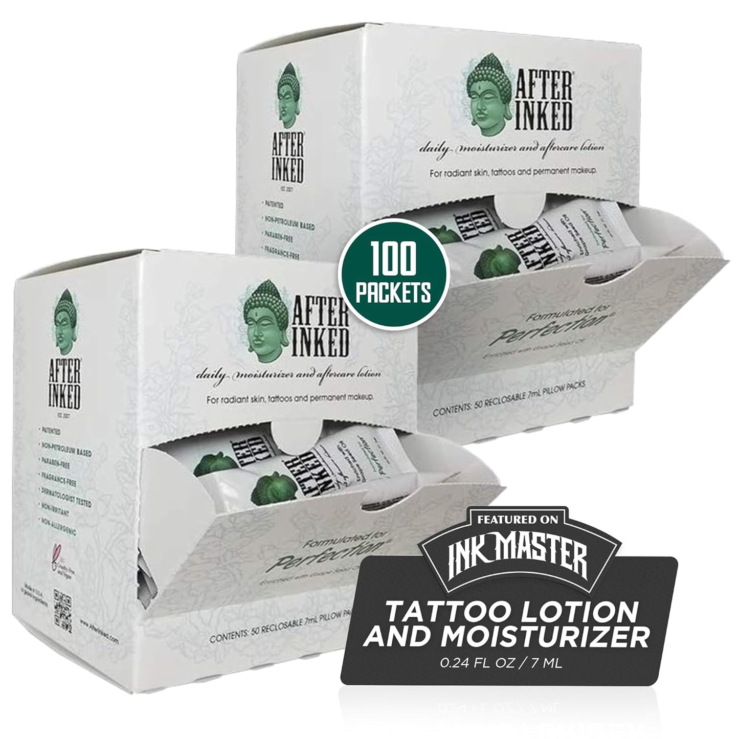 After Inked Tattoo Aftercare Lotion – Moisturizing Balm, As Seen on INK MASTER, Hydrating Cream with Grape Seed Oil, Skin Nourishment & Daily Maintenance, Reclosable Pillow Pack (100-Pack), 7ml