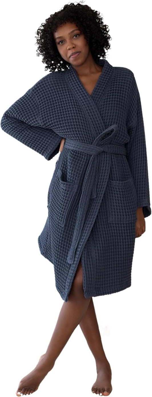 Womens Kimono Waffle Robe - Lightweight 100% Turkish Cotton Housecoat for All-Day Lounging - Bathrobe for Shower