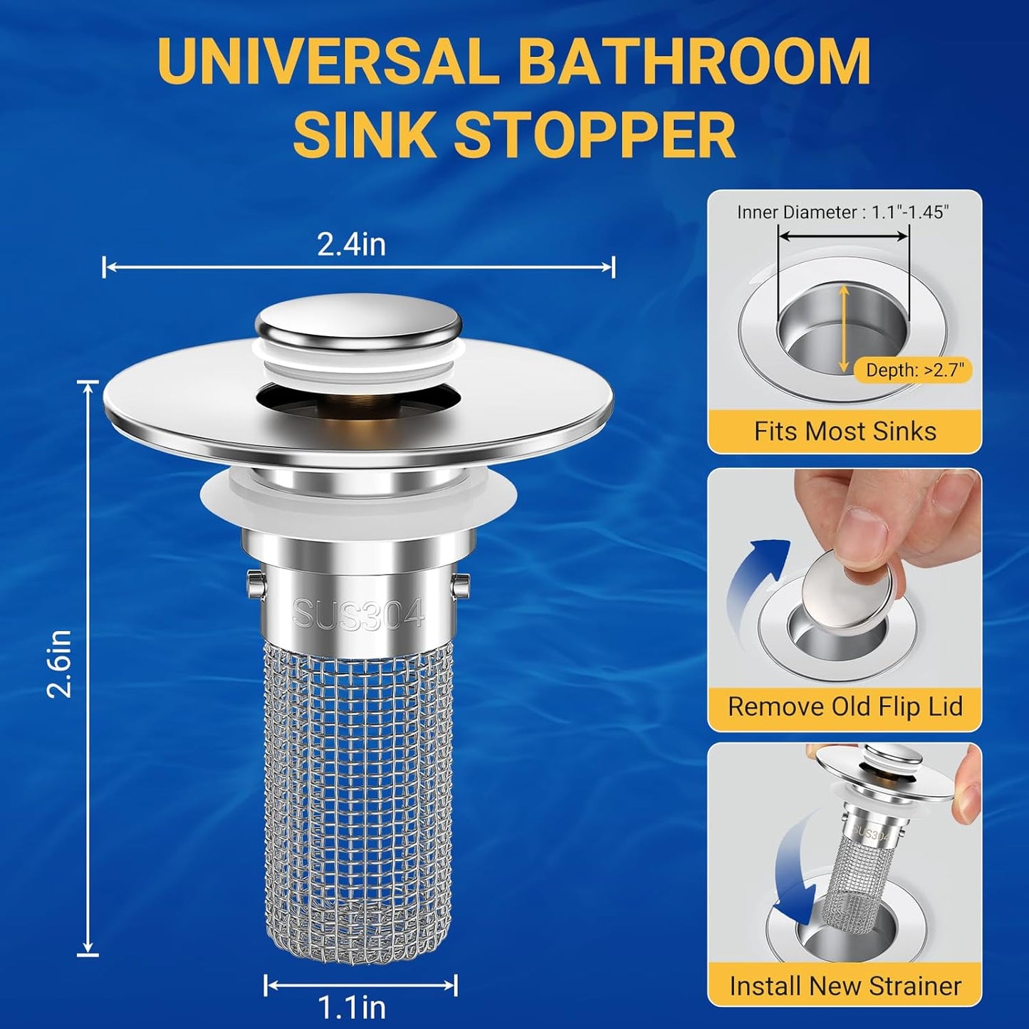 Bathroom Sink Drain Strainer, Pop-Up Bathroom Sink Stopper with Removable Stainless Steel Hair Catcher Basket, Universal Fit for US Bathroom Sinks, Bathtubs, Showers & Floor Drains (Silver*1)