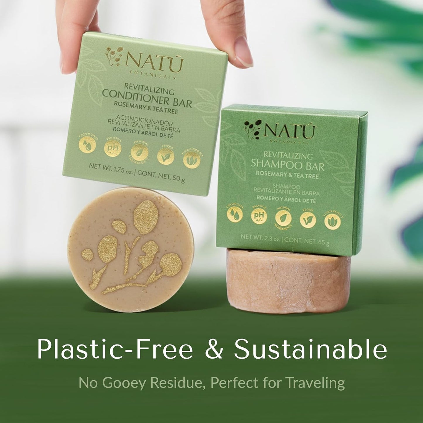 NATÚ BOTANICALS Revitalizing Hair Conditioner Bar – Rosemary & Tea Tree - Hydrating Conditioner for Dry & Frizzy Hair - Deeply Nourishes & Detangles - Supports Healthy Hair Growth - Zero-Waste