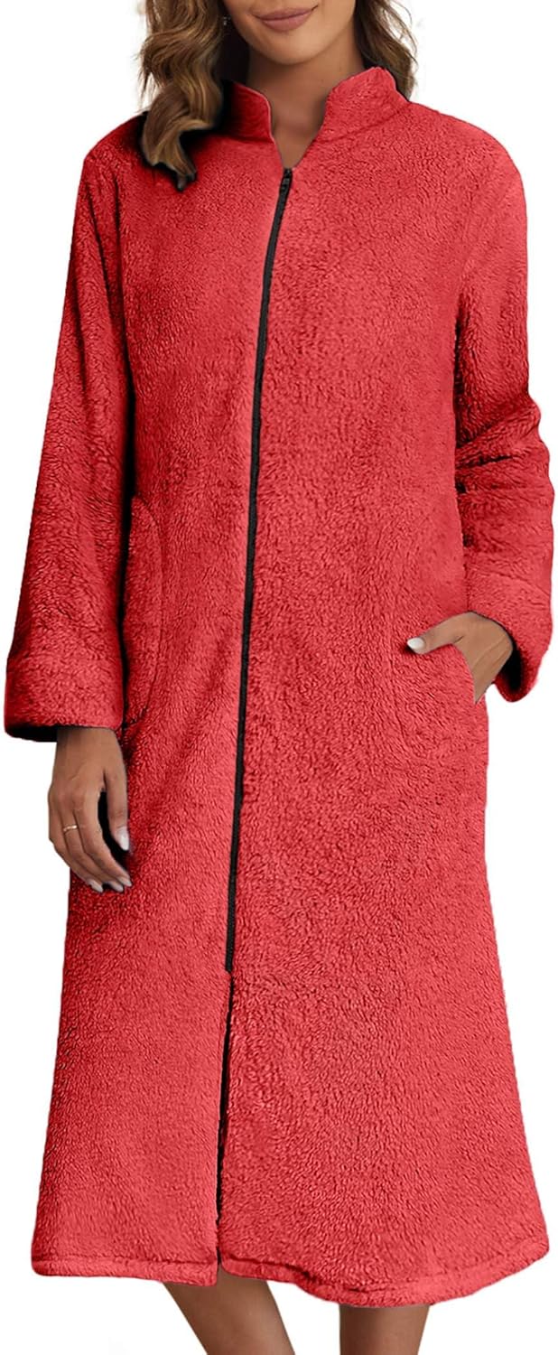 Ekouaer Women's Zip Up Robe Fleece Bathrobe Long Zipper Lounger Warm Housecoat Long Sleeve Nightgown with Pockets S-XXL