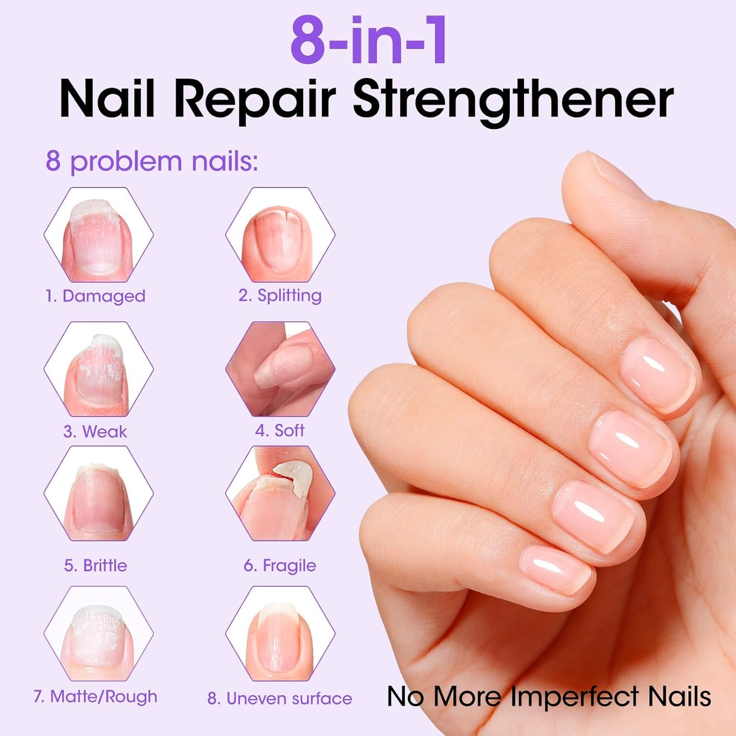 GELLEN Nail Strengthener, 8-In-1 Nail Repair Growth Protein Serum for Thin Weak Brittle Imperfect Nails, Non Polish, Air Dry Calcium Keratin Nourish Ridge Filler Nail Care, Lavender Scent