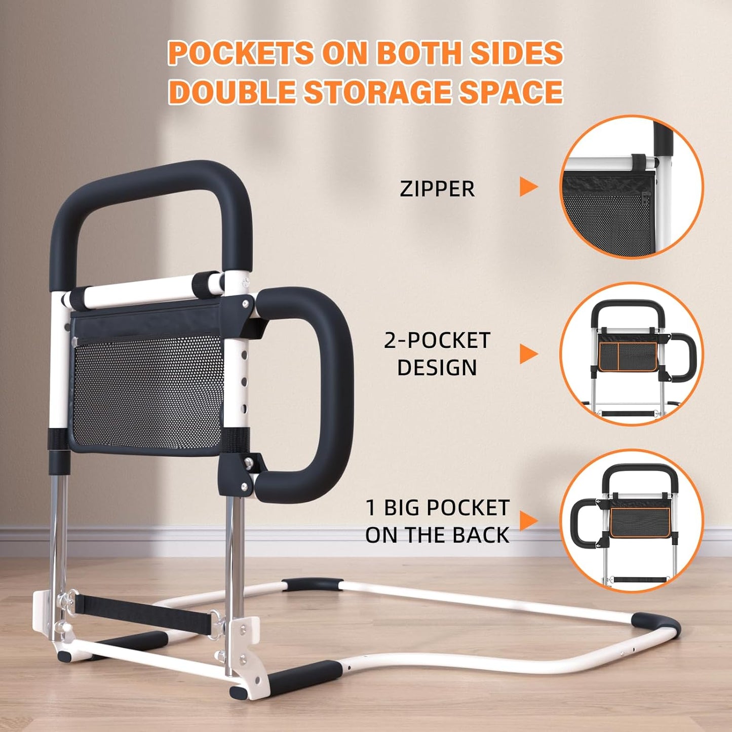 Foldable Bed Rails for Elderly Adults Safety with LED Night Light and Three Storage Pockets, Adjustable Bed Assist Rails for Seniors,Portable & Sturdy Grab Bar Bed Cane for King/Queen/Full/Twin(L)