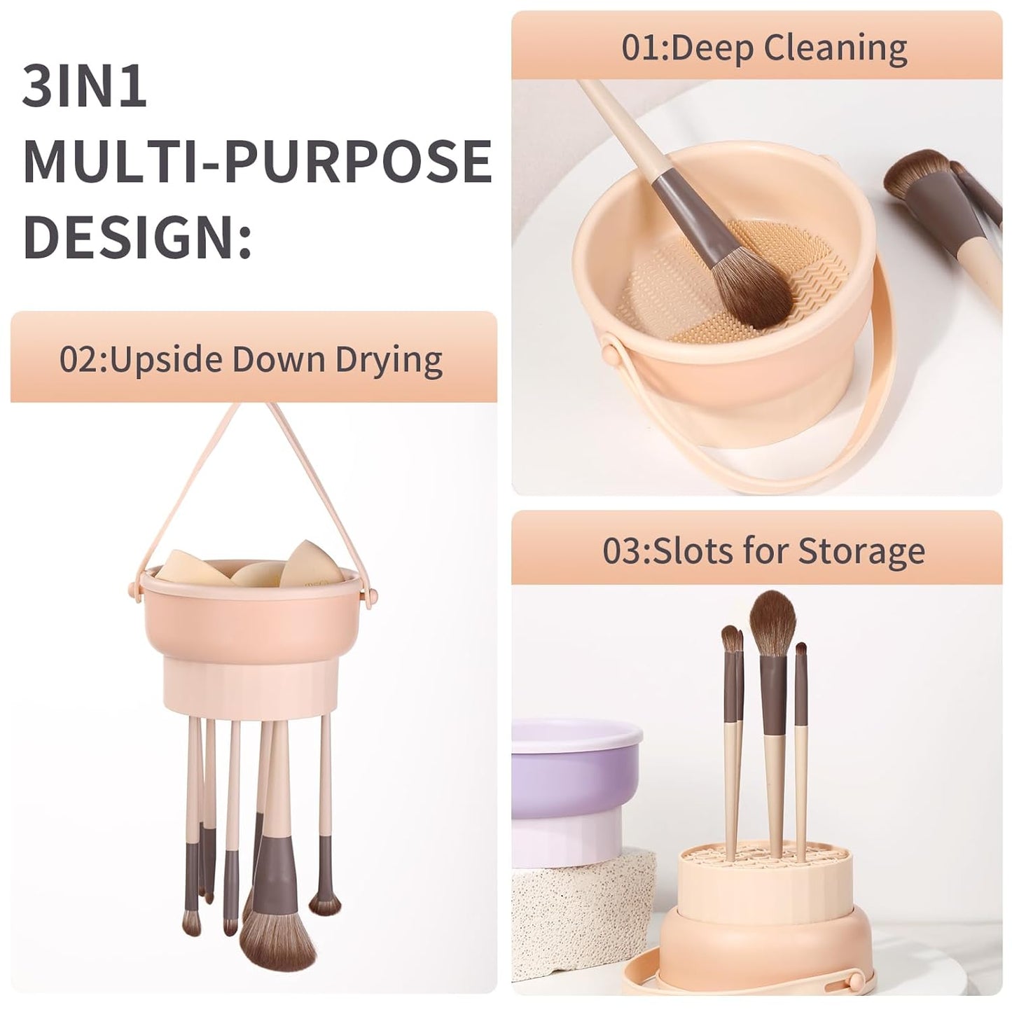 Makeup Brush Cleaning Mat, MSQ 3 In 1 Silicone Makeup Brush Cleaner Bowl with Brush Drying Holder, Makeup Scrubber for Makeup Brushes, Makeup Sponge, Powder Puff (Orange)