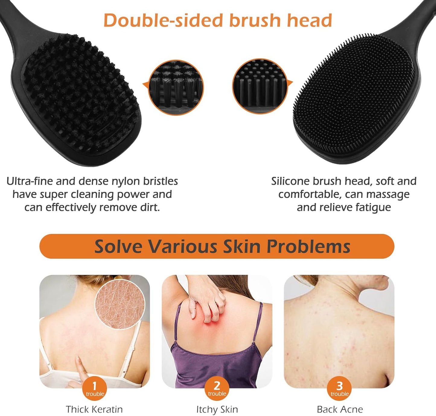 VWMYQ Back Scrubber for Shower, New Update Double Sided Body Scrub Brush Long Handle with Soft Silicone Bristles and Stiff Nylon Bristles for Shower Exfoliating and Massage Can Produce More Rich Foam