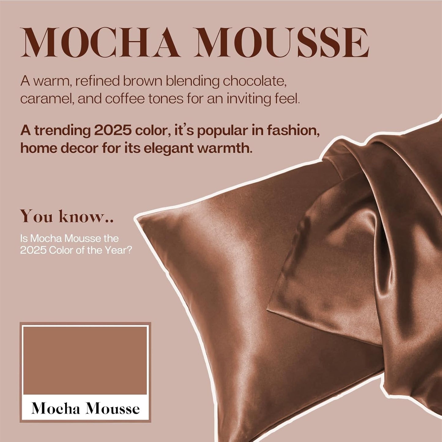 MR&HM Satin Pillowcase for Hair and Skin, Silk Satin Pillowcase 2 Pack, Standard Size Pillow Cases Set of 2, Silky Pillow Cover with Envelope Closure (20x26, Mocha Mousse)