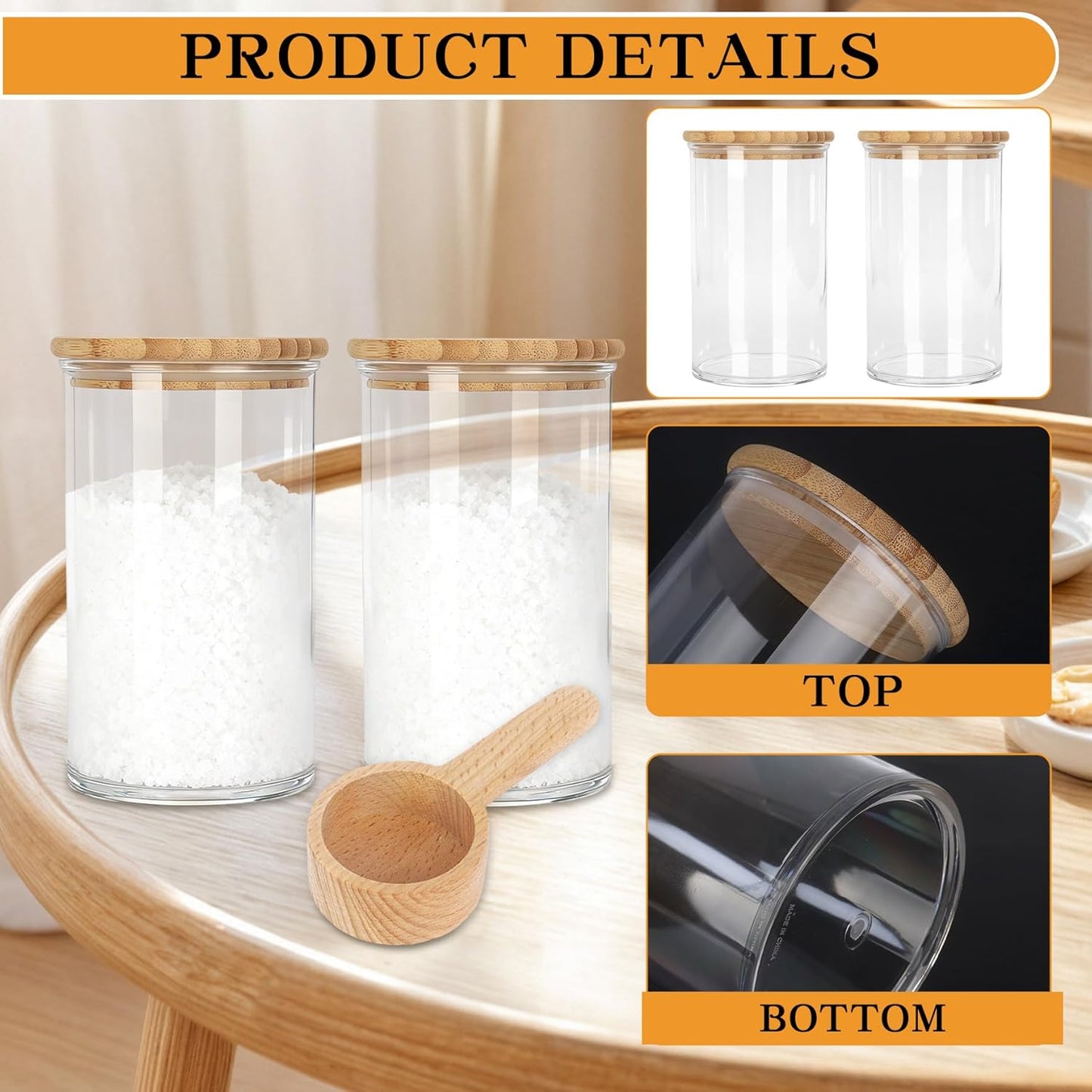 Klmnop 1200ML/42OZ Acrylic Bath Salt Jar with Wooden Scoop, Bath Salt Container with Sealing Lid for Bathroom Kitchen Storage Salt Candy Tea(Clear, Style 2)