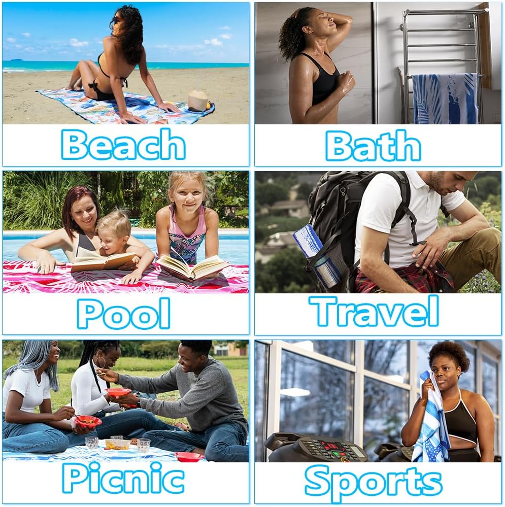 Lightweight Thin Microfiber Beach Towel Sand Free Quick Dry Absorbent Compact Soft Pool Swim Travel Towels Extra Large Oversized Beach Accessories Packable Essentials Stuff Gifts for Adult 32*71 Inch