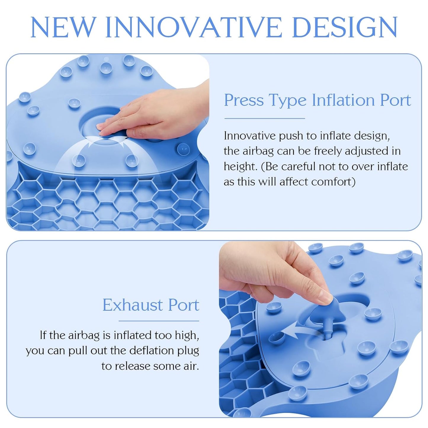 Silicone Bath Pillow, New Material Bath Pillows for Tub Head Neck and Back Support, Bath Tub Pillow with 4D Press Inflatable Airbag and Non-Slip Strong Suction Cups, Quick-Drying, Easy to Store, Blue