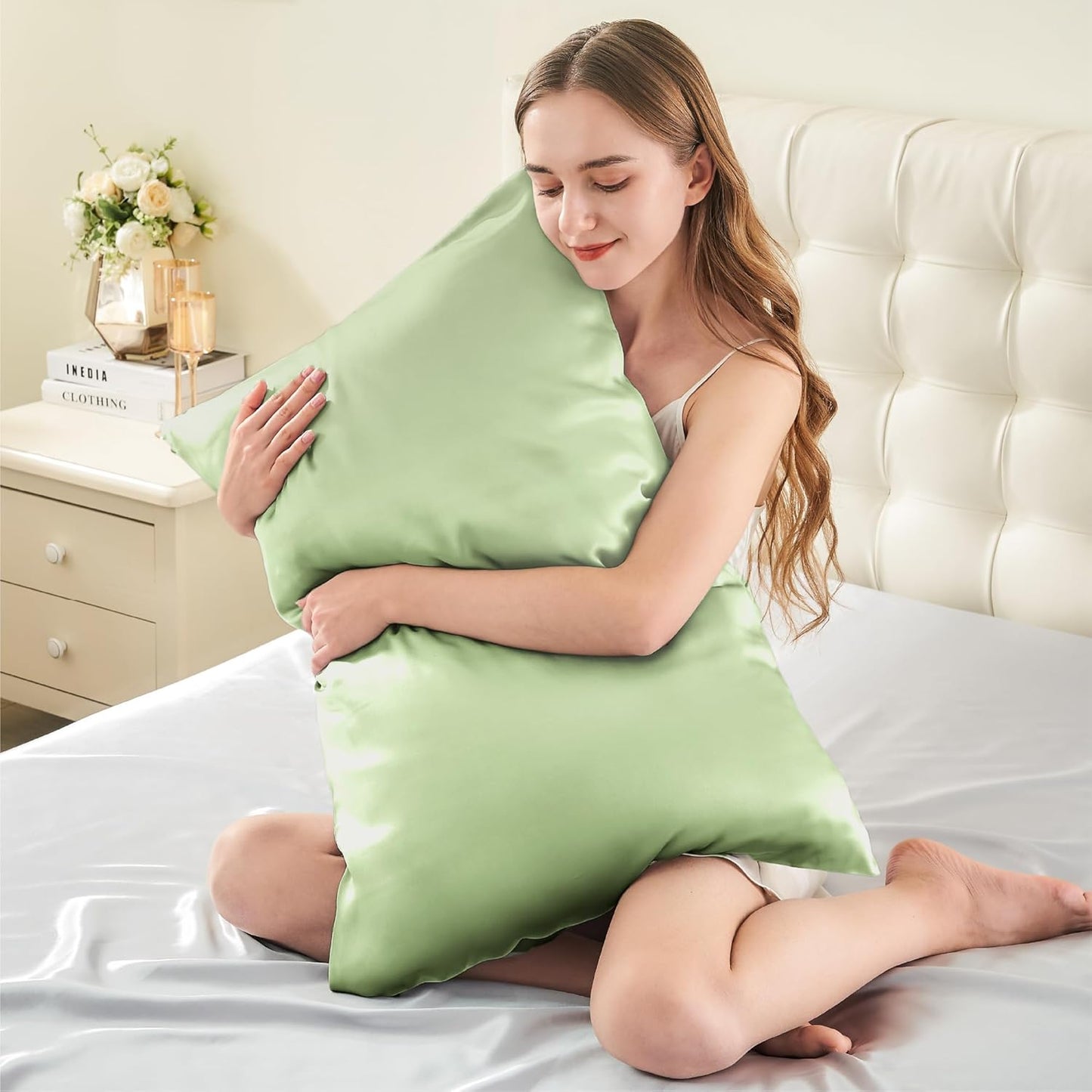 INFIIXSO Mulberry Silk Pillowcase for Hair and Skin, Silk Pillow Cases Queen Size Set of 2 with Hidden Zipper 20"x30", Ultra Smooth and Soft Cooling Pillow Cases for Hot Sleepers(Sage Green, 2 Pack)